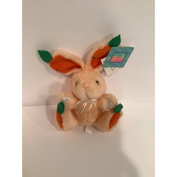 Vtg Plush Main Joy Peach Easter Bunny Rabbit Carrot Feet Ears Stuffed Animal - Picture 1 of 5